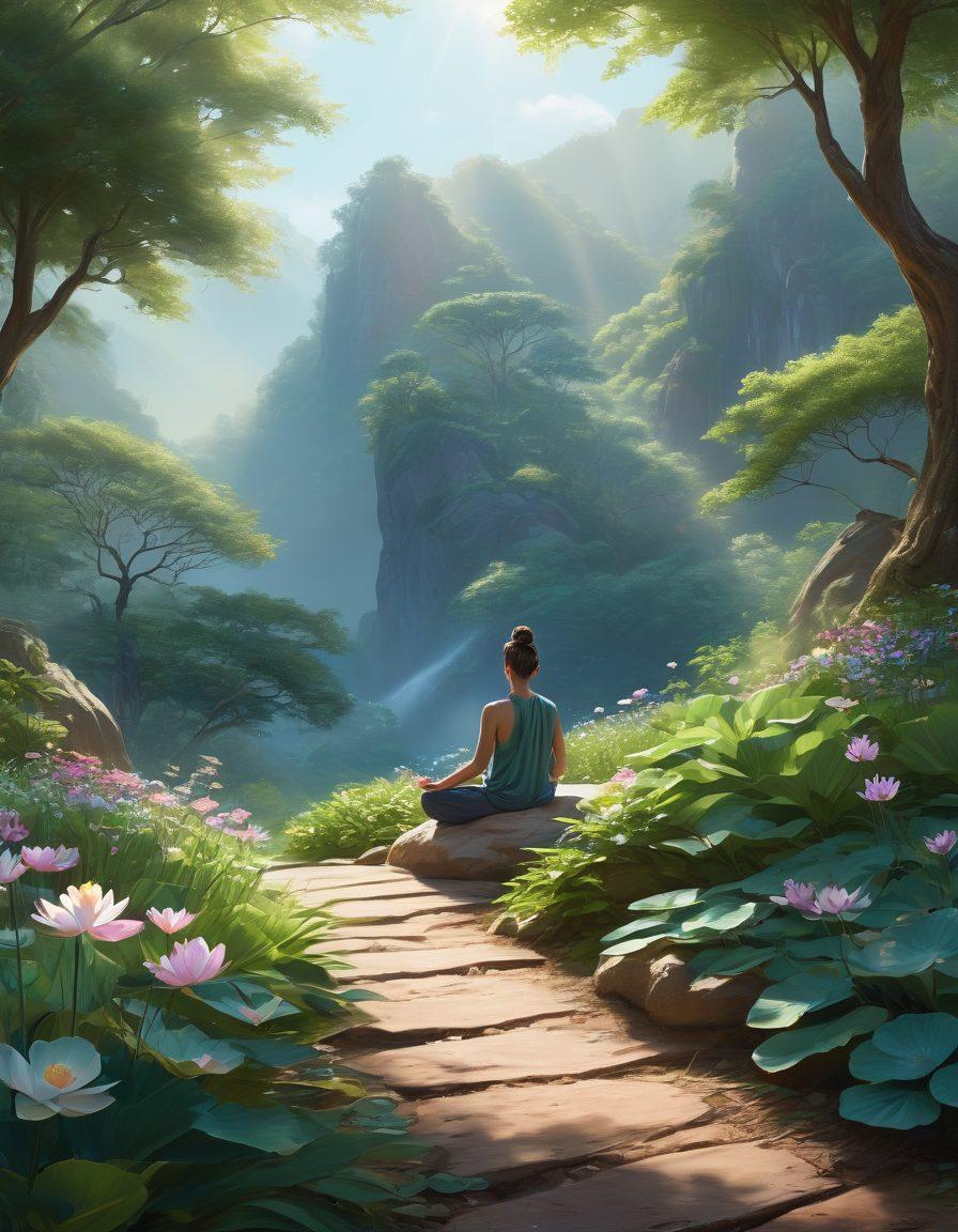 A serene landscape depicting a person meditating on a tranquil mountain top, surrounded by lush greenery and soft sunlight filtering through trees. In the background, there are symbols of mental resilience like a blooming lotus flower and a winding path leading to a peaceful horizon. The colors are calming, with soft blues and greens, evoking a sense of peace and strength. super-realistic. vibrant colors. natural elements.
