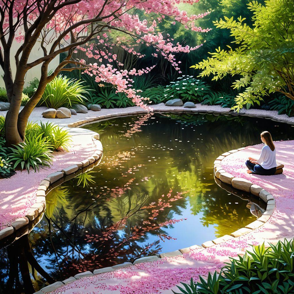 Illustrate a serene landscape featuring a tranquil zen garden with gently raked sand, a small pond with floating lilies, and a person practicing mindfulness meditation under a blossoming cherry tree. Soft, pastel colors enhance the peaceful atmosphere, while soft rays of sunlight filter down through the leaves, symbolizing inner peace. Include subtle reflections in the water to evoke calmness. painting. vibrant colors. natural elements.