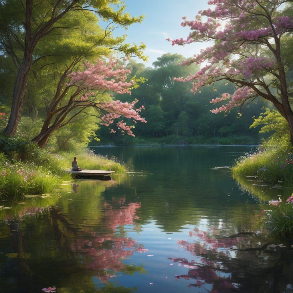 A serene landscape with a tranquil lake reflecting a clear blue sky, surrounded by soft, lush greenery and blooming flowers. In the foreground, a person meditating peacefully, radiating a warm glow, symbolizing emotional liberation. Gentle ripples in the water create a sense of calm and balance. Ethereal light beams break through the trees, enhancing the feeling of inner peace. vibrant colors. super-realistic. dynamic lighting.